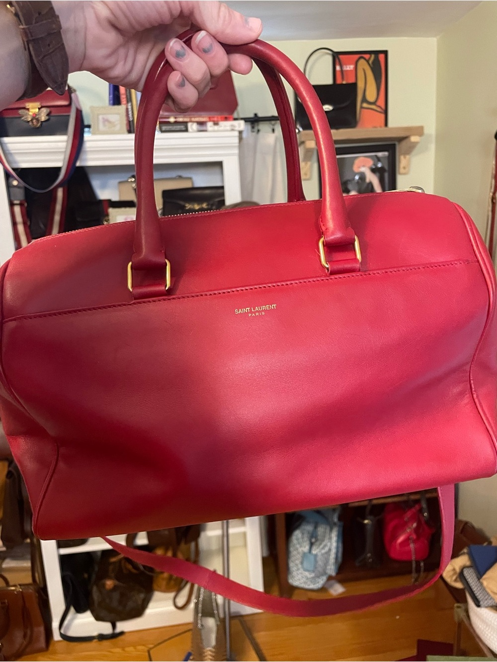 Saint Laurent Red Leather Satchel with Gold-Tone Hardware
